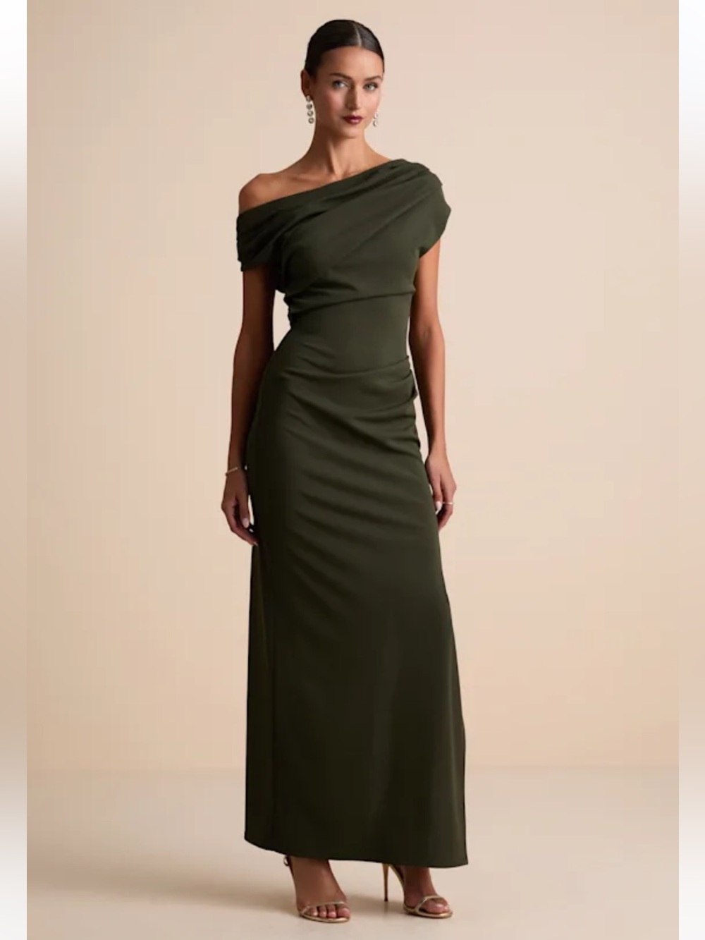 Lulu’s Janine Dark Olive Green Asymmetrical Maxi Dress small NWT